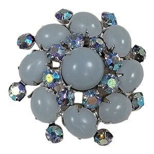 Vintage Coro Domed Blue Moonstone Cabochon AB stones Blue Rhinestone Brooch Flow